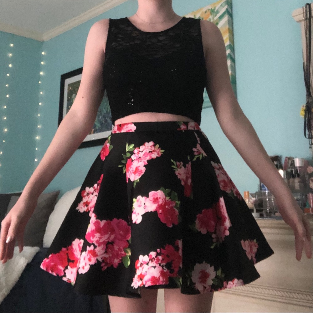 Black and pink floral two piece formal dress